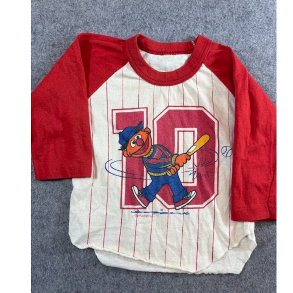 Vintage 80s Sesame Street Ernie Baseball Raglan Shirt Baby Tee 3T Pinstripe RARE